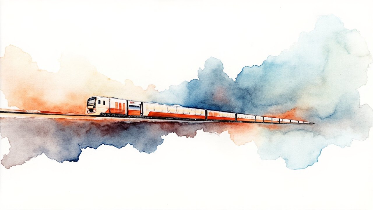 Acuarela abstracta que evoca la modernización del ferrocarril español, con trenes y vías en trazos sueltos